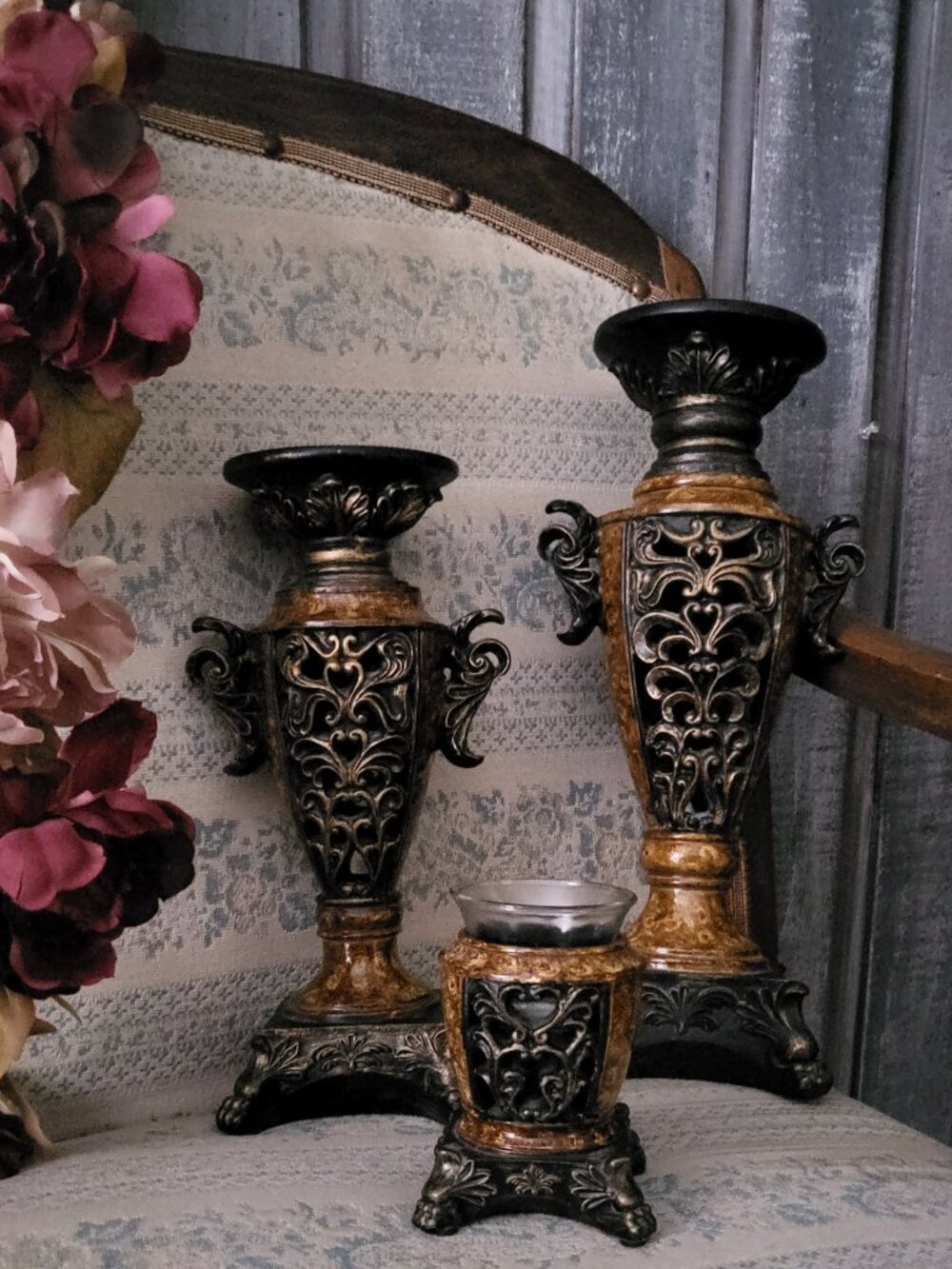 Vintage Tuscan Antique Style Bronze Pillar Candle Holder Set Votive Trio 2000s